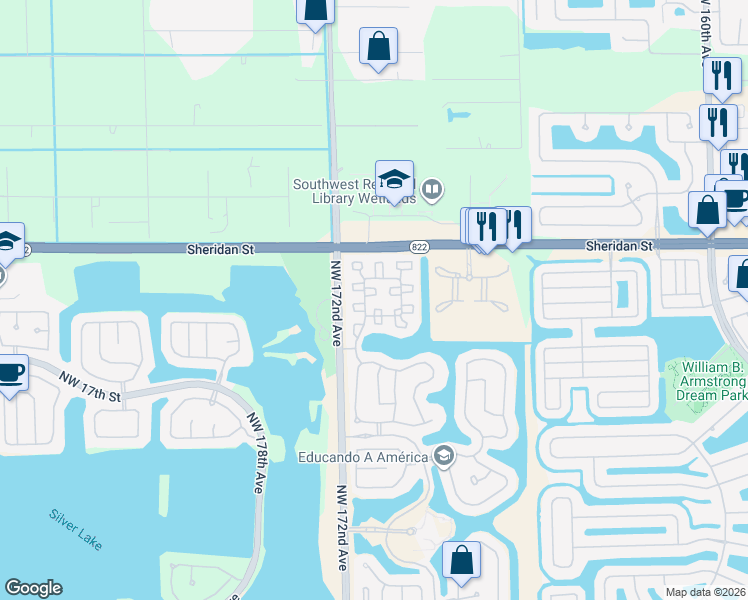 map of restaurants, bars, coffee shops, grocery stores, and more near 2297 Northwest 171st Terrace in Pembroke Pines