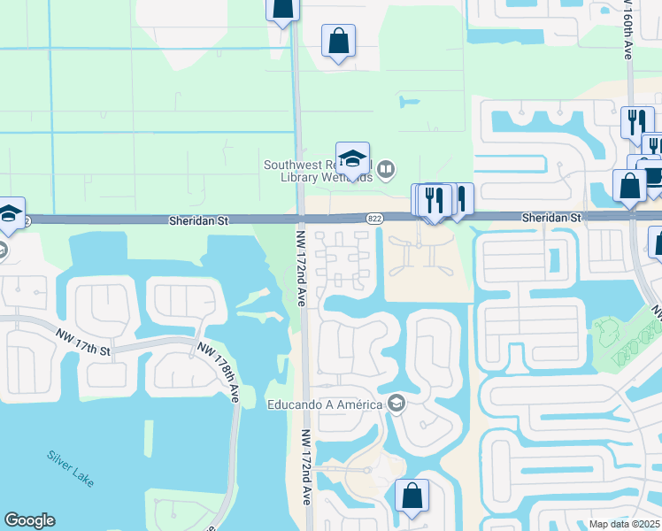map of restaurants, bars, coffee shops, grocery stores, and more near 2207 Northwest 171st Terrace in Pembroke Pines