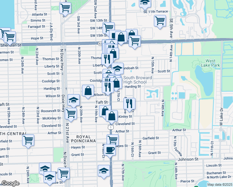 map of restaurants, bars, coffee shops, grocery stores, and more near 1845 North 17th Court in Hollywood