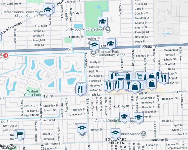 map of restaurants, bars, coffee shops, grocery stores, and more near 7101 Park Street in Hollywood