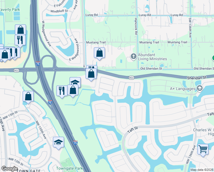 map of restaurants, bars, coffee shops, grocery stores, and more near 14252 Northwest 23rd Street in Pembroke Pines