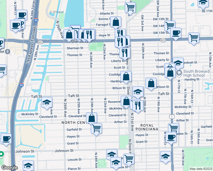 map of restaurants, bars, coffee shops, grocery stores, and more near 2231 Harding Street in Hollywood