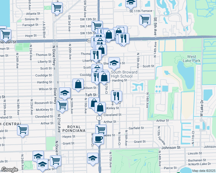 map of restaurants, bars, coffee shops, grocery stores, and more near 1845 North 17th Court in Hollywood