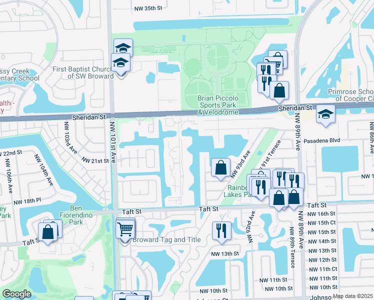 map of restaurants, bars, coffee shops, grocery stores, and more near 2091 Northwest 96th Terrace in Pembroke Pines