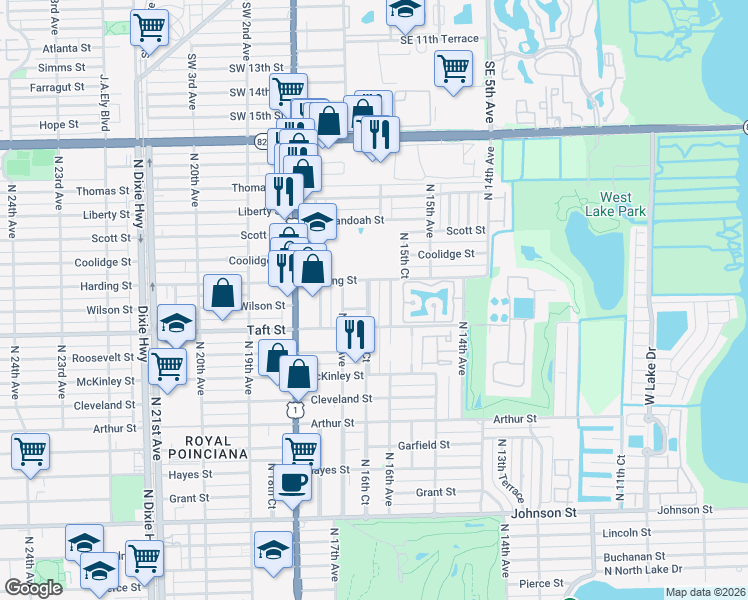 map of restaurants, bars, coffee shops, grocery stores, and more near 1618 Harding Street in Hollywood