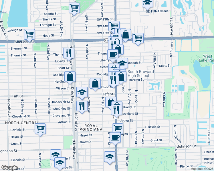 map of restaurants, bars, coffee shops, grocery stores, and more near 1821 North 19th Avenue in Hollywood
