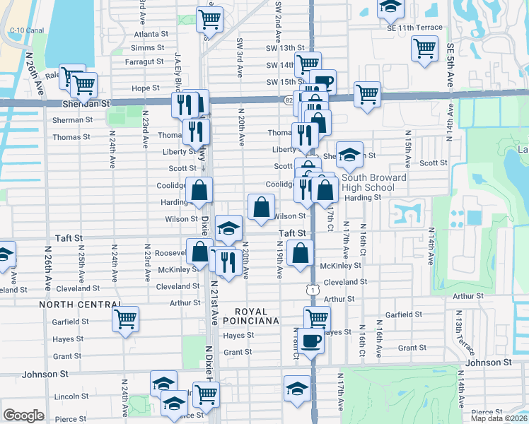 map of restaurants, bars, coffee shops, grocery stores, and more near 1932 Harding Street in Hollywood