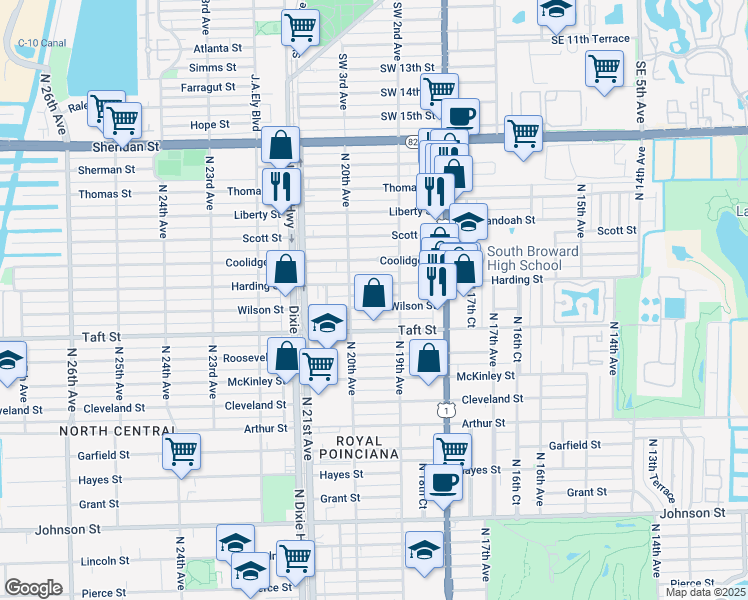 map of restaurants, bars, coffee shops, grocery stores, and more near 1932 Harding Street in Hollywood