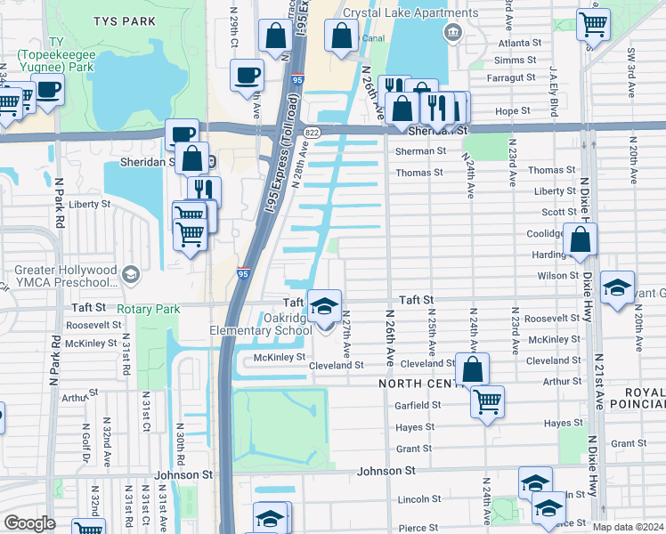 map of restaurants, bars, coffee shops, grocery stores, and more near 1911 Waterview Place in Hollywood