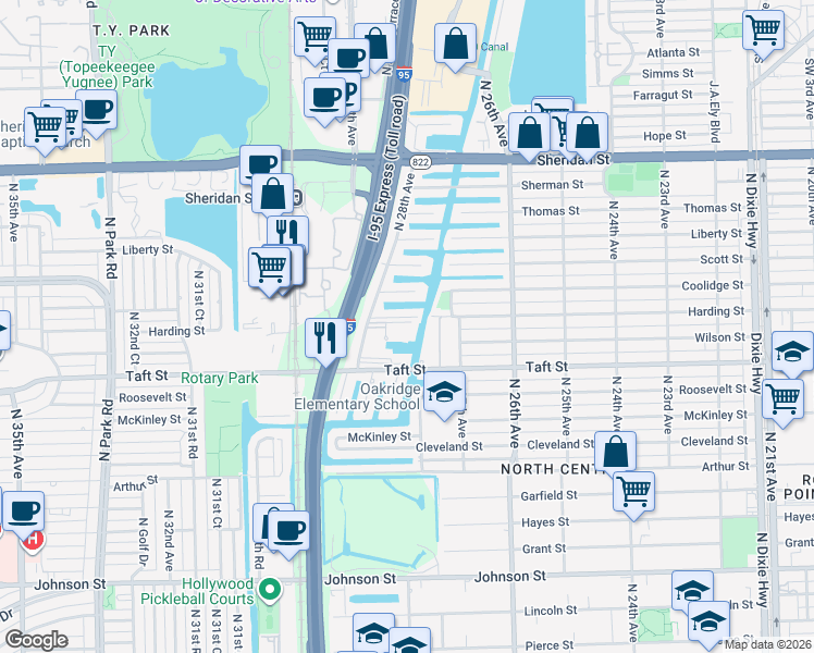 map of restaurants, bars, coffee shops, grocery stores, and more near 2701 Harding Street in Hollywood