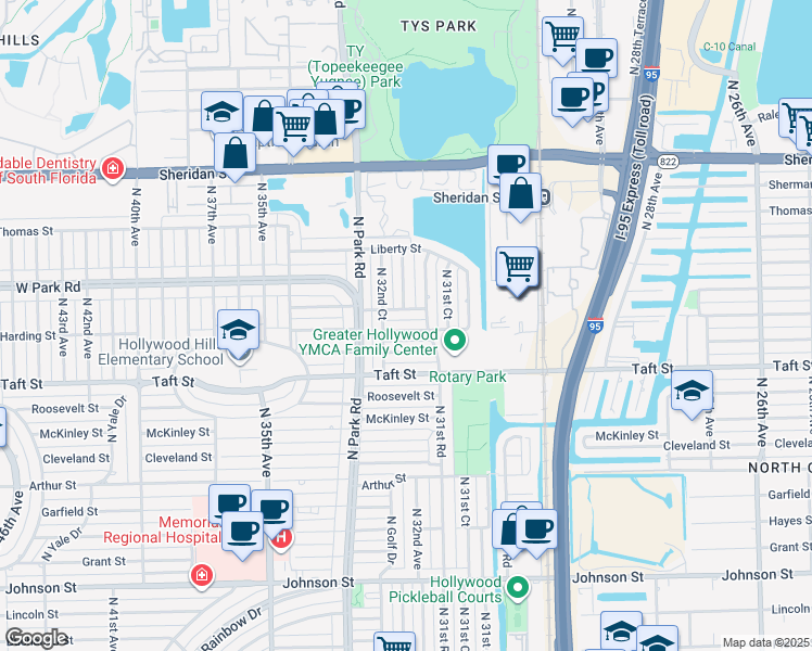 map of restaurants, bars, coffee shops, grocery stores, and more near 2001 North 32nd Avenue in Hollywood