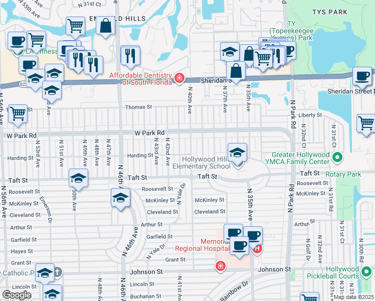 map of restaurants, bars, coffee shops, grocery stores, and more near 1925 North 40th Avenue in Hollywood