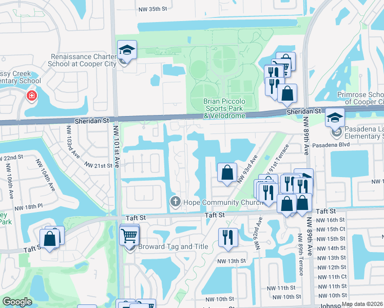 map of restaurants, bars, coffee shops, grocery stores, and more near 2091 Northwest 96th Terrace in Pembroke Pines