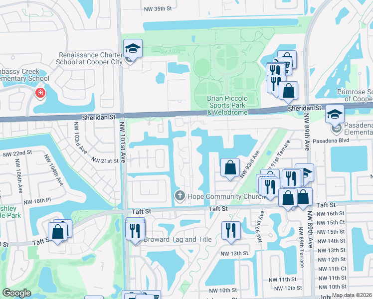 map of restaurants, bars, coffee shops, grocery stores, and more near 2321 Bayberry Drive in Pembroke Pines