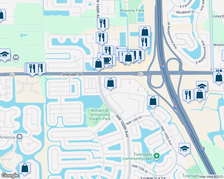 map of restaurants, bars, coffee shops, grocery stores, and more near 2191 Northwest 159th Avenue in Pembroke Pines