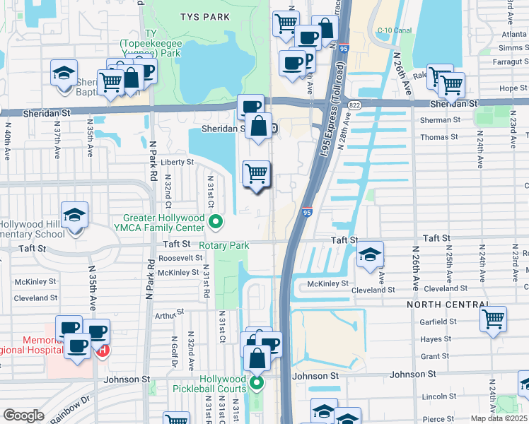 map of restaurants, bars, coffee shops, grocery stores, and more near 1940 North 30th Road in Hollywood