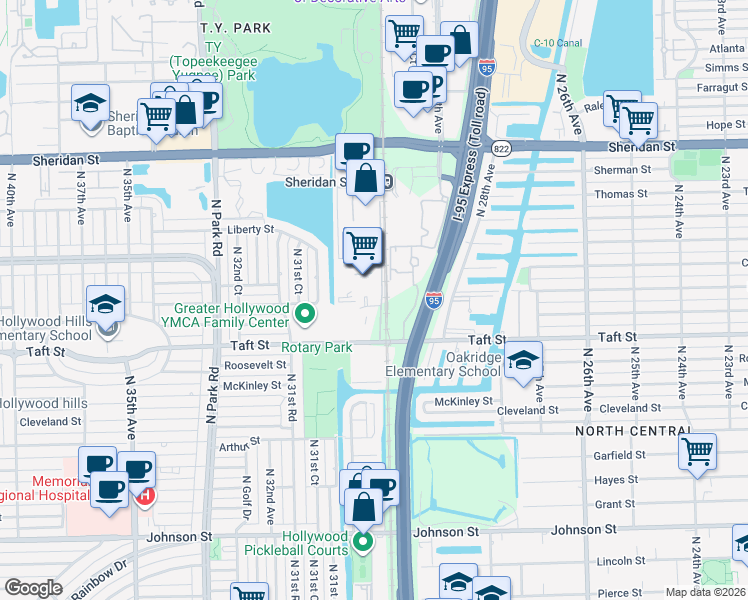 map of restaurants, bars, coffee shops, grocery stores, and more near 1940 North 30th Road in Hollywood