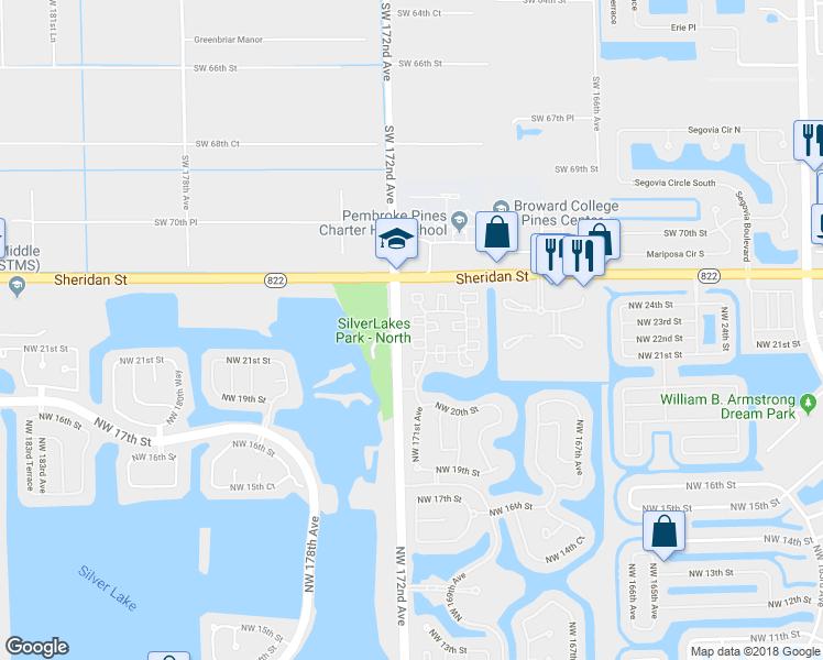 map of restaurants, bars, coffee shops, grocery stores, and more near 2262 Northwest 171st Terrace in Pembroke Pines