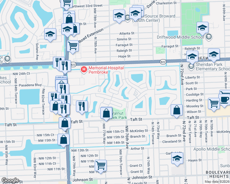 map of restaurants, bars, coffee shops, grocery stores, and more near 7654 Northwest 21st Drive in Pembroke Pines