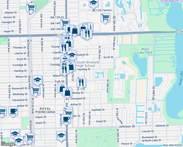 map of restaurants, bars, coffee shops, grocery stores, and more near 1850 West Trafalgar Circle in Hollywood