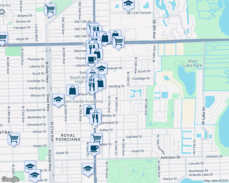 map of restaurants, bars, coffee shops, grocery stores, and more near 1618 Harding Street in Hollywood