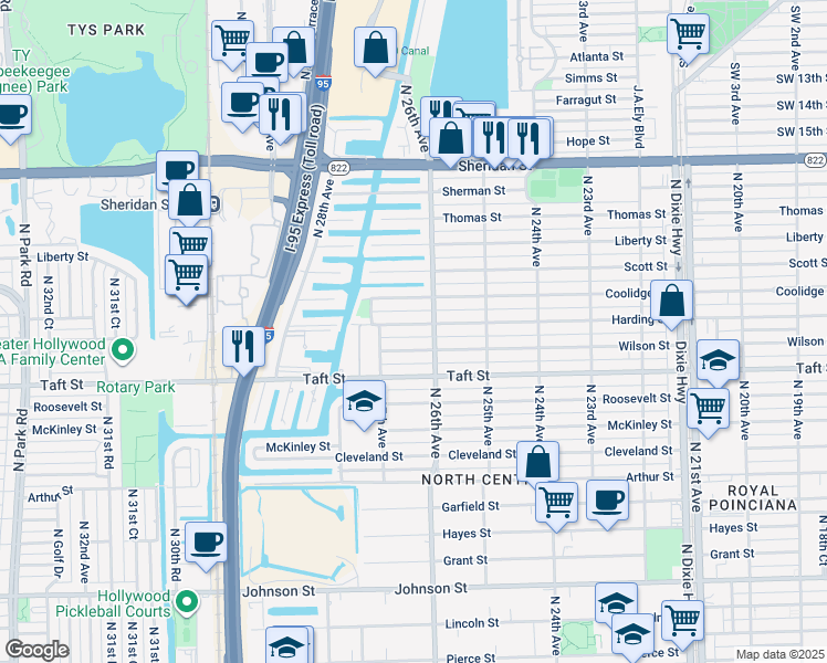 map of restaurants, bars, coffee shops, grocery stores, and more near 2607 Harding Street in Hollywood