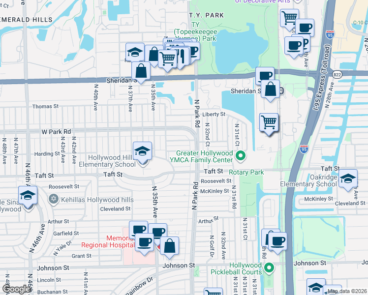 map of restaurants, bars, coffee shops, grocery stores, and more near 3326 Coolidge Street in Hollywood