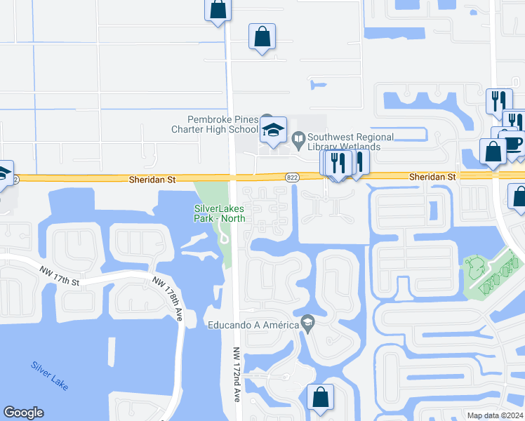 map of restaurants, bars, coffee shops, grocery stores, and more near 2297 Northwest 171st Terrace in Pembroke Pines
