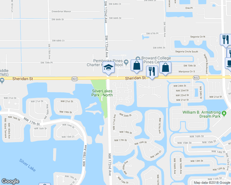 map of restaurants, bars, coffee shops, grocery stores, and more near 2250 Northwest 171st Terrace in Pembroke Pines