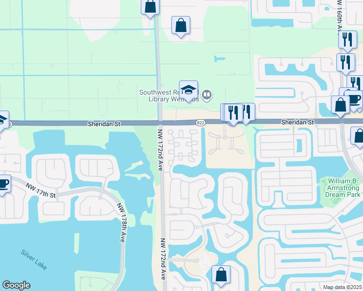 map of restaurants, bars, coffee shops, grocery stores, and more near 2297 Northwest 171st Terrace in Pembroke Pines
