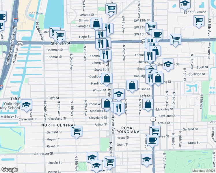 map of restaurants, bars, coffee shops, grocery stores, and more near 1801 North 21st Avenue in Hollywood