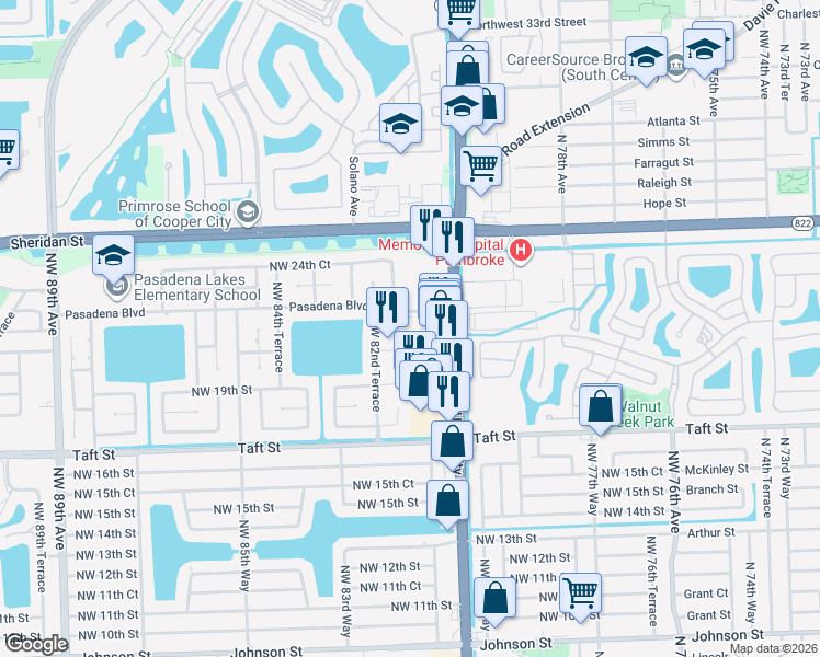 map of restaurants, bars, coffee shops, grocery stores, and more near 8120 Pasadena Boulevard in Pembroke Pines