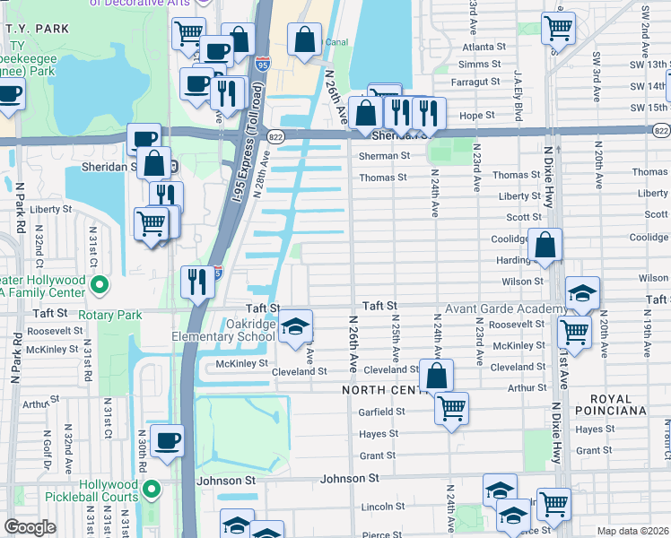 map of restaurants, bars, coffee shops, grocery stores, and more near 2607 Harding Street in Hollywood