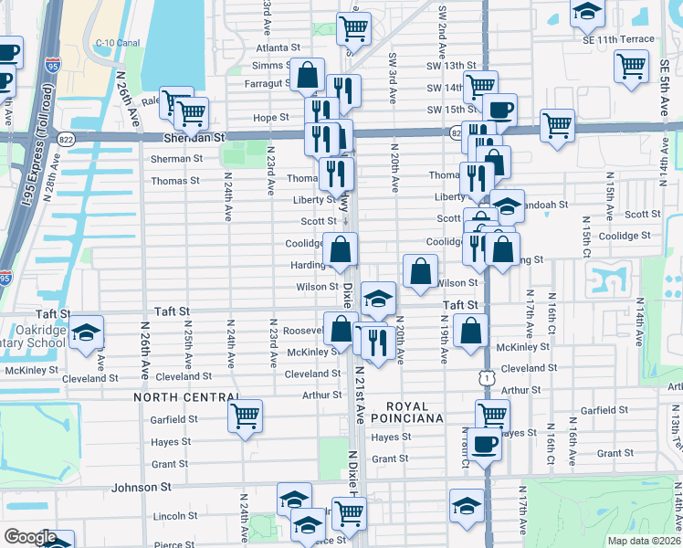 map of restaurants, bars, coffee shops, grocery stores, and more near 1801 North 21st Avenue in Hollywood