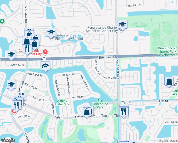 map of restaurants, bars, coffee shops, grocery stores, and more near 2200 Buttonwood Avenue in Pembroke Pines