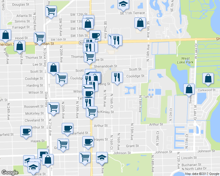 map of restaurants, bars, coffee shops, grocery stores, and more near 1618 Harding Street in Hollywood