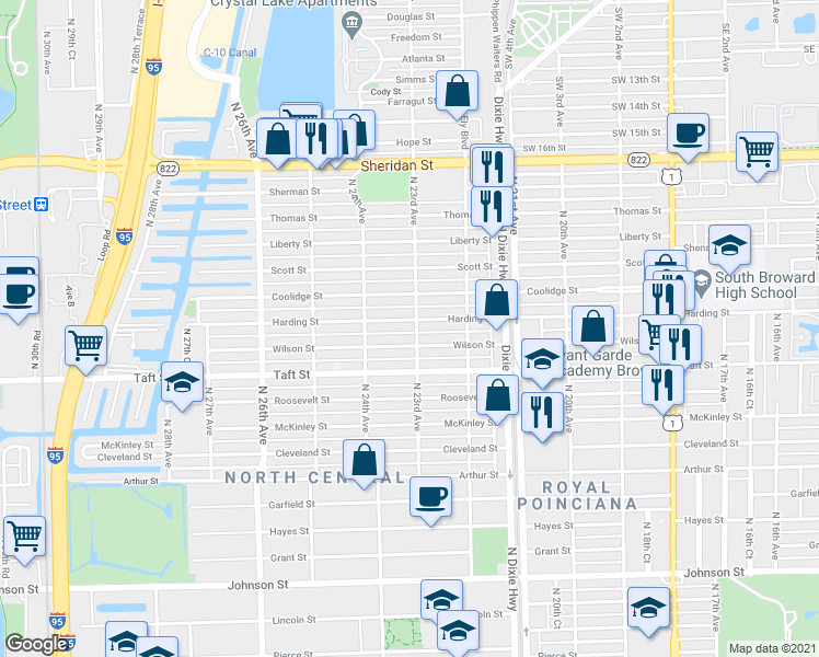 map of restaurants, bars, coffee shops, grocery stores, and more near 2319 Harding Street in Hollywood
