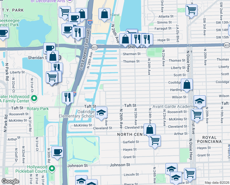 map of restaurants, bars, coffee shops, grocery stores, and more near 2607 Harding Street in Hollywood