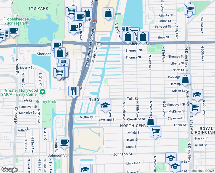 map of restaurants, bars, coffee shops, grocery stores, and more near 1911 Waterview Place in Hollywood