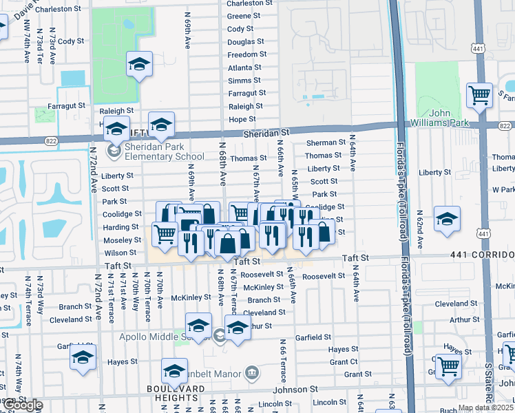 map of restaurants, bars, coffee shops, grocery stores, and more near 6720 Park Street in Hollywood