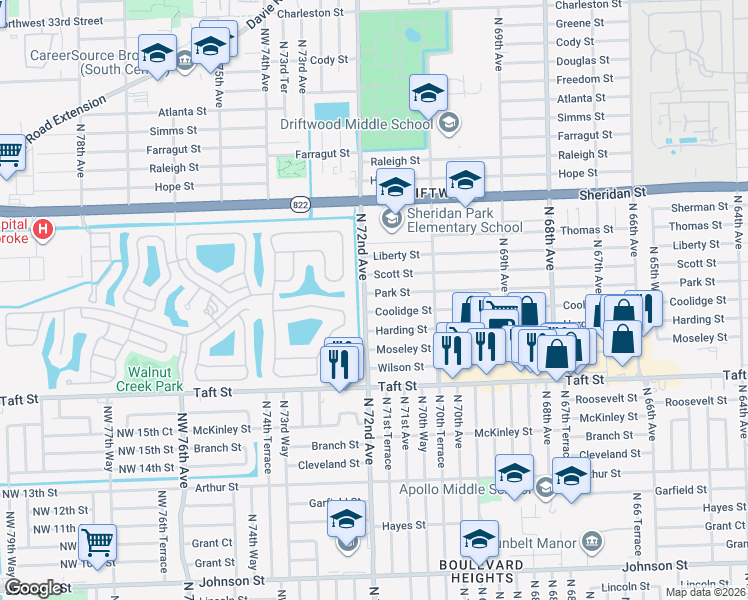 map of restaurants, bars, coffee shops, grocery stores, and more near 7181 Park Street in Hollywood