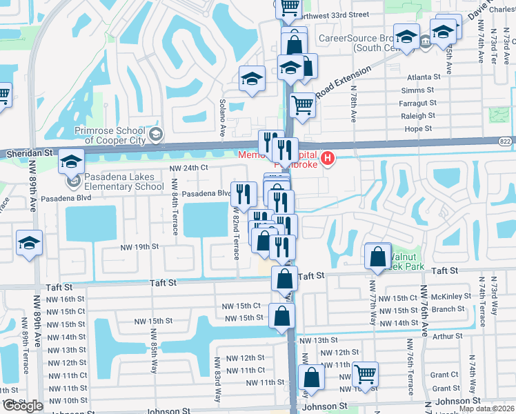 map of restaurants, bars, coffee shops, grocery stores, and more near 8120 Pasadena Boulevard in Pembroke Pines