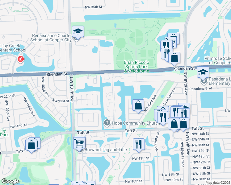 map of restaurants, bars, coffee shops, grocery stores, and more near 2091 Northwest 96th Terrace in Pembroke Pines