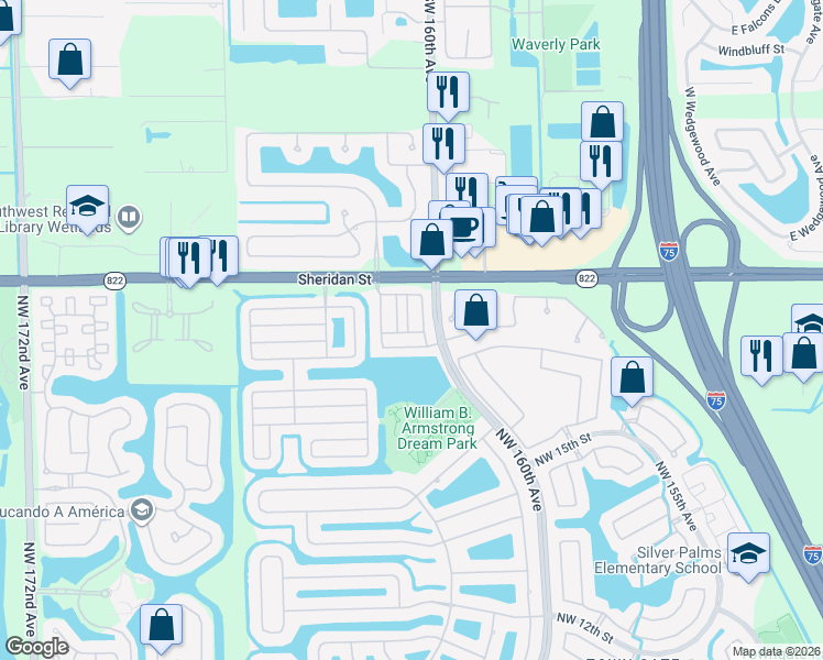 map of restaurants, bars, coffee shops, grocery stores, and more near 2275 Northwest 161st Terrace in Pembroke Pines
