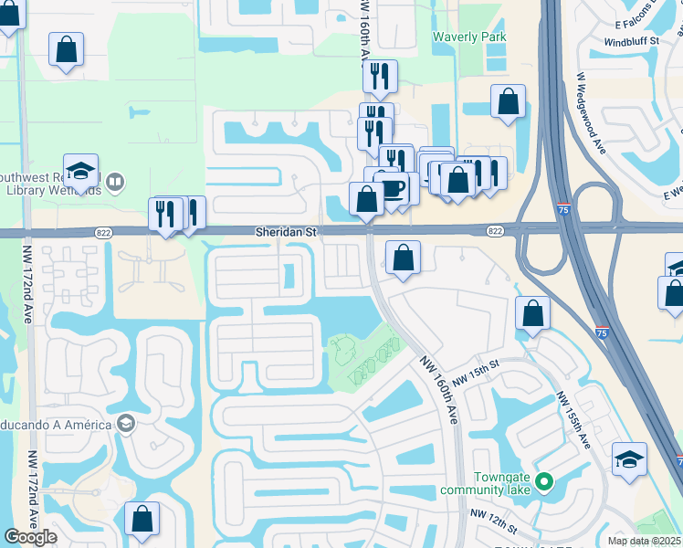 map of restaurants, bars, coffee shops, grocery stores, and more near 2275 Northwest 161st Terrace in Pembroke Pines