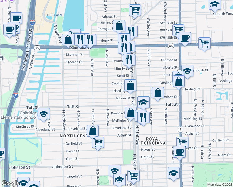 map of restaurants, bars, coffee shops, grocery stores, and more near 2231 Harding Street in Hollywood