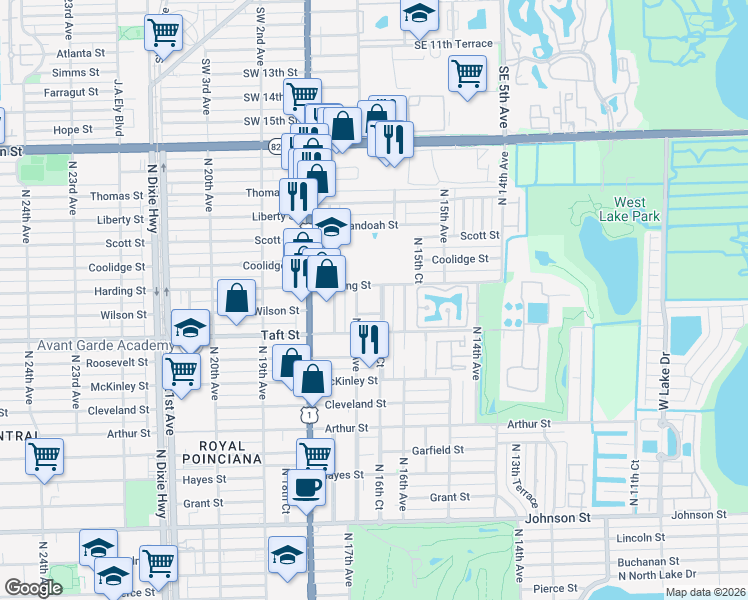 map of restaurants, bars, coffee shops, grocery stores, and more near 1618 Harding Street in Hollywood