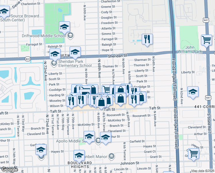 map of restaurants, bars, coffee shops, grocery stores, and more near 6720 Park Street in Hollywood