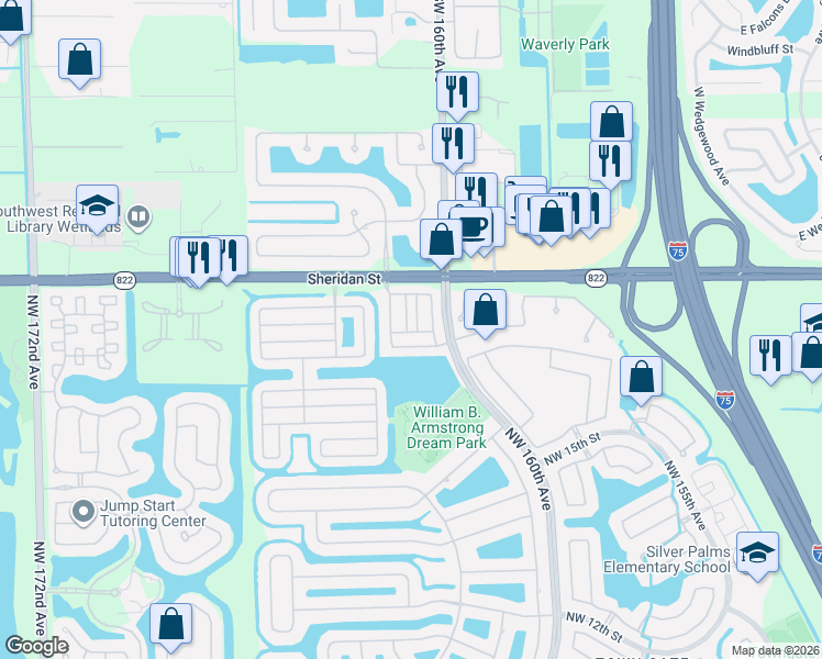 map of restaurants, bars, coffee shops, grocery stores, and more near 2275 Northwest 161st Terrace in Pembroke Pines