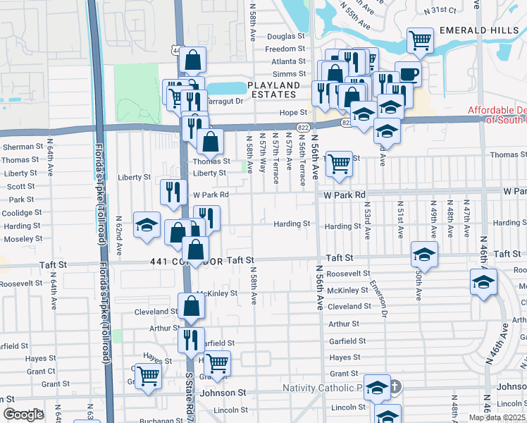 map of restaurants, bars, coffee shops, grocery stores, and more near 5733 Harding St in Hollywood